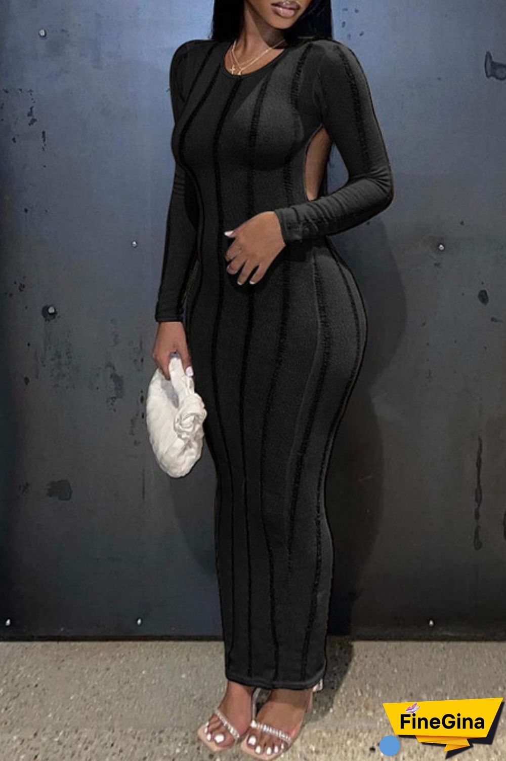 Khaki Sexy Casual Solid Backless O Neck Long Sleeve Dresses