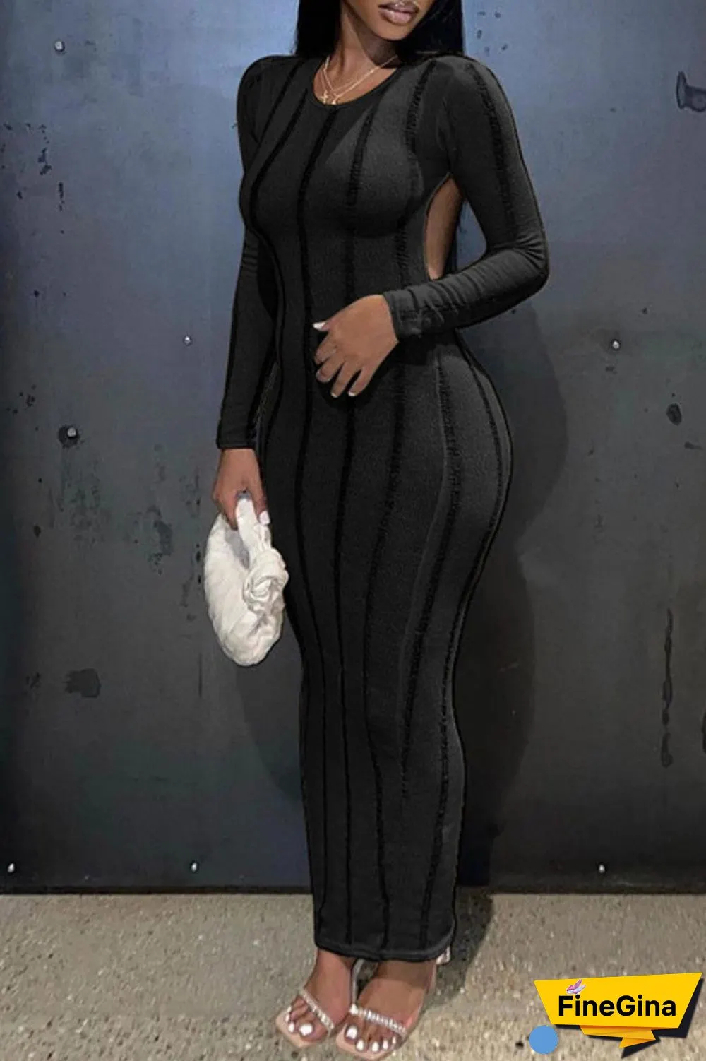 Khaki Sexy Casual Solid Backless O Neck Long Sleeve Dresses
