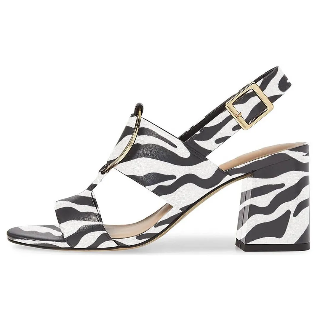 Black & White Open Toe Zebra Print Hardware Strap Heels Sandals