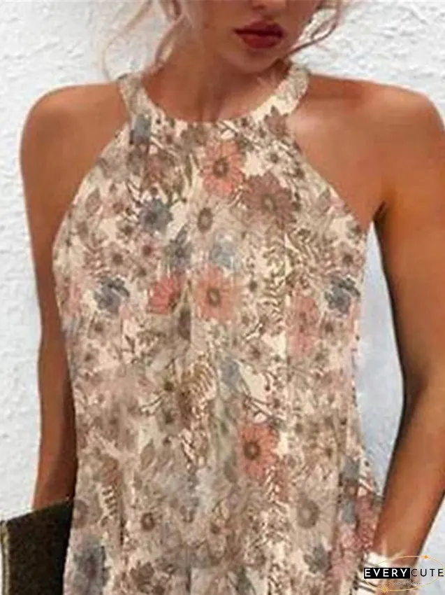Casual Dress Summer Dress Print Dress Floral Print Halter Mini Dress Active Fashion Outdoor Daily Sleeveless Regular Fit Khaki Spring Summer S M L XL XXL for Women