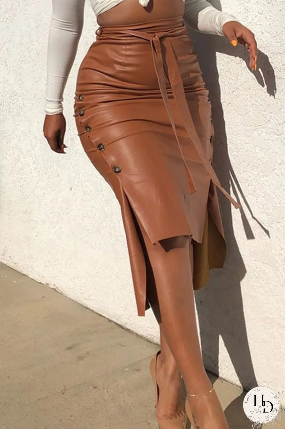Blue Brown PU Drawstring Sleeveless High Patchwork Solid bandage Split A-line skirt Capris Bottoms