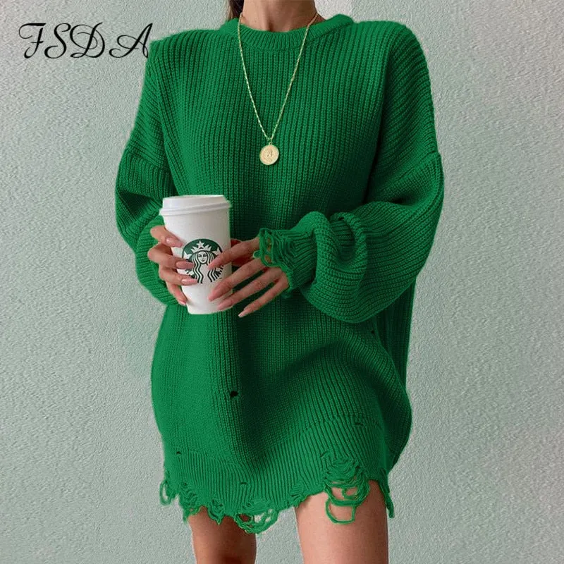 FSDA O Neck 2021 Green Sweater Dress Women Knitted Long Sleeve Autumn Winter Y2K Oversized Mini Elegant Dresses Party Sexy