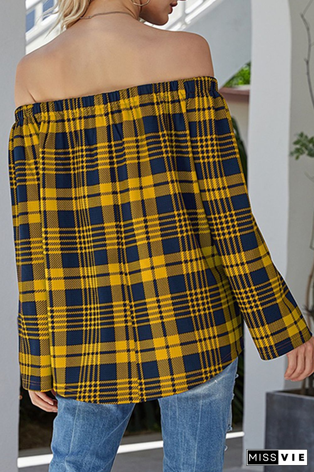Casual Plaid Split Joint Off the Shoulder Tops