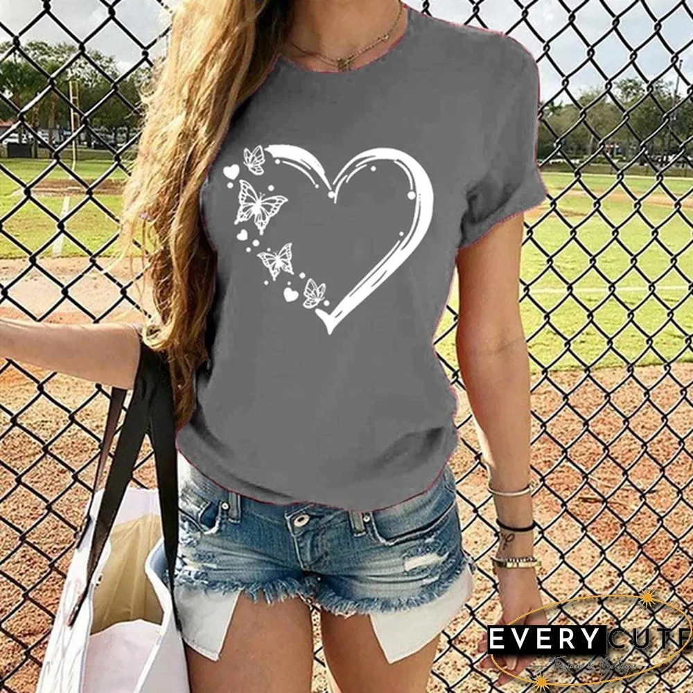 New Ladies Heart-shaped Print Short-sleeved T-shirt Fashion Round Neck T-shirt Womenu3002