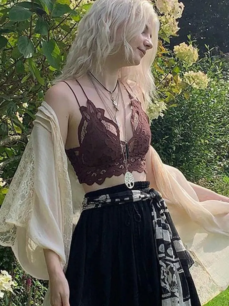 Rapcopter y2k Lace Crop Top Backless Grunge Fairycore V Neck Corset Camis Vintage Solid Cute Party Beach Sweats Women Chic Vests
