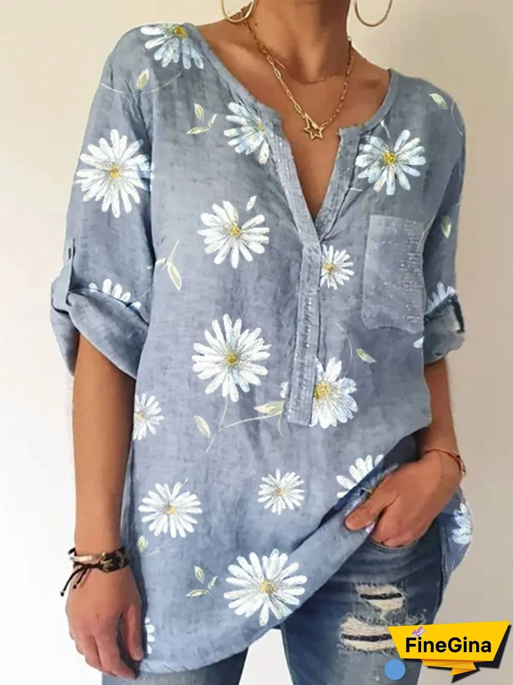 Casual Long Sleeve Shift Floral Blouse