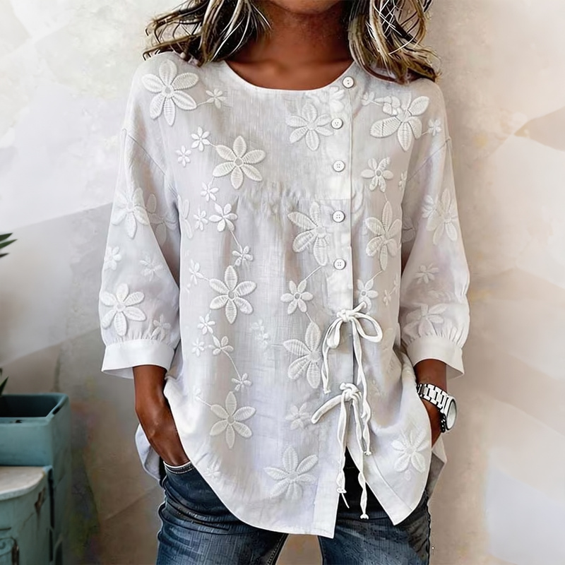Comstylish Women's Retro Floral Button-up Collar Tie-waist Shirt