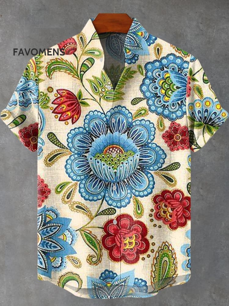 Large Red-Blue Flowers Vintage Print Casual 100% Cotton Shirt Multicolor / S