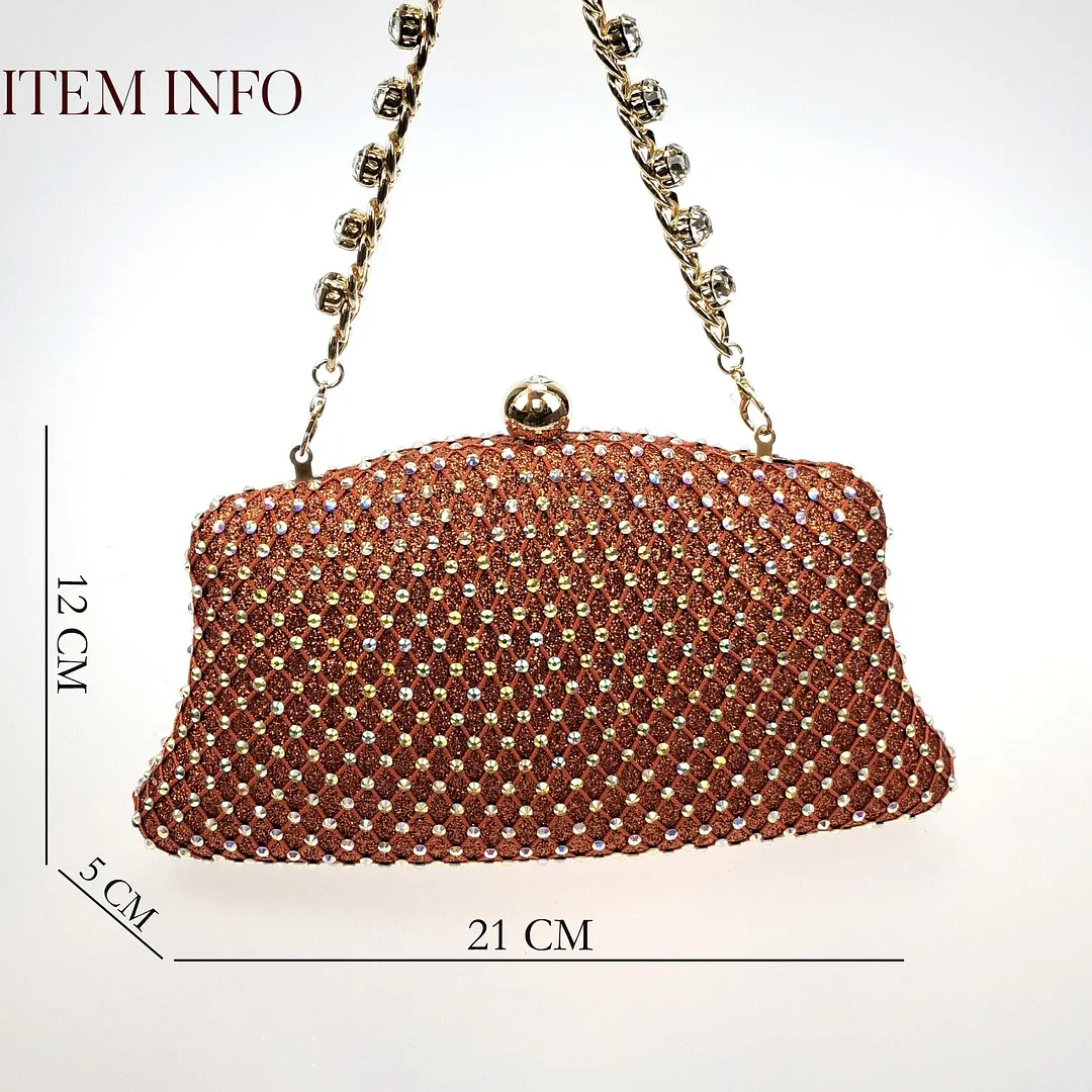 QSGFC2022 Fashion Shiny Full Diamond Decoration In Nigeria Elegant Orange Color Ladies Shoes and Bag For Party Wedding