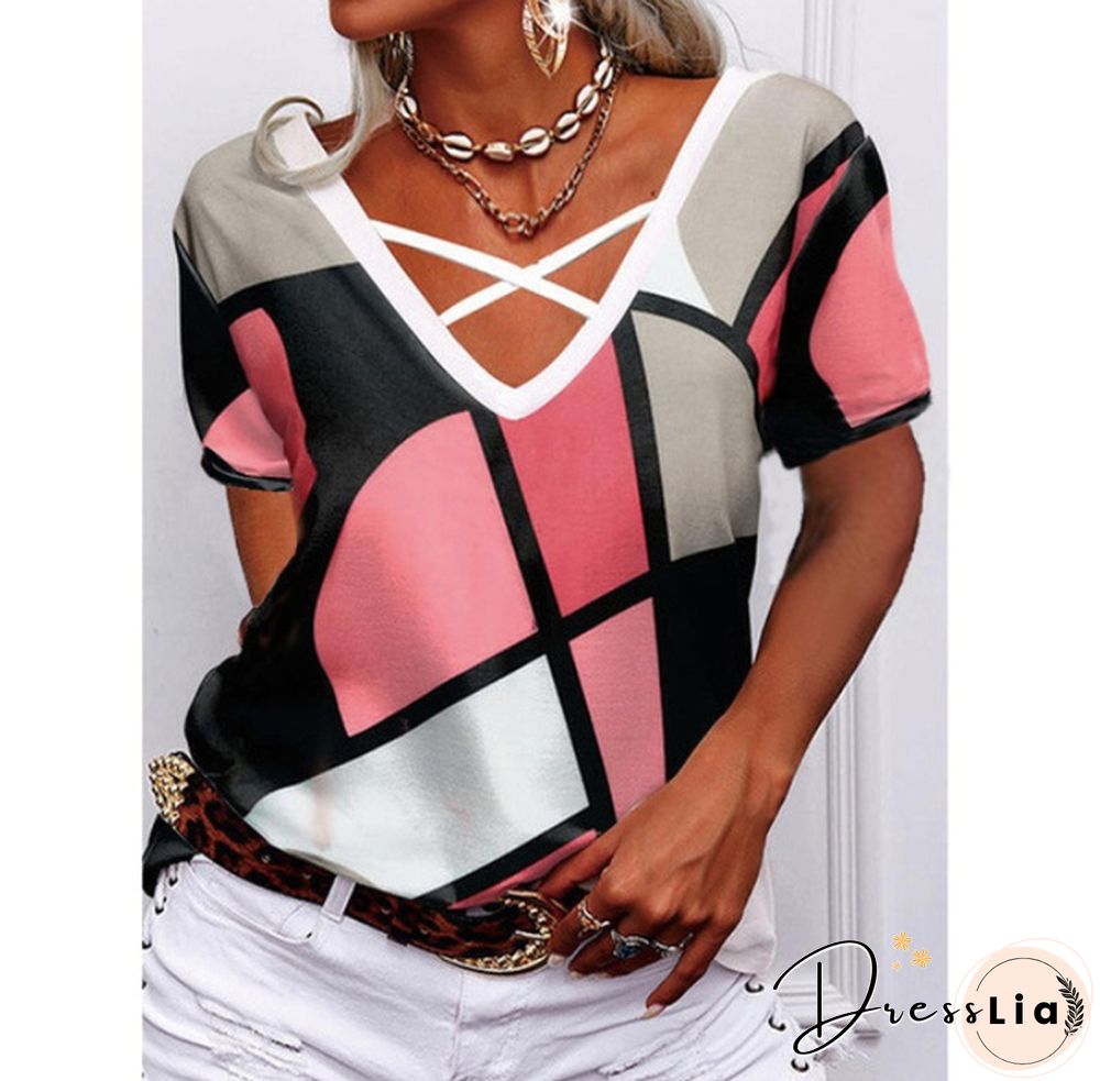 Summer New Fashion Women's Soft and Comfortable Short Sleeve V-neck Casual T-shirt Loos Plus Size Printed T-shirt S-5XL