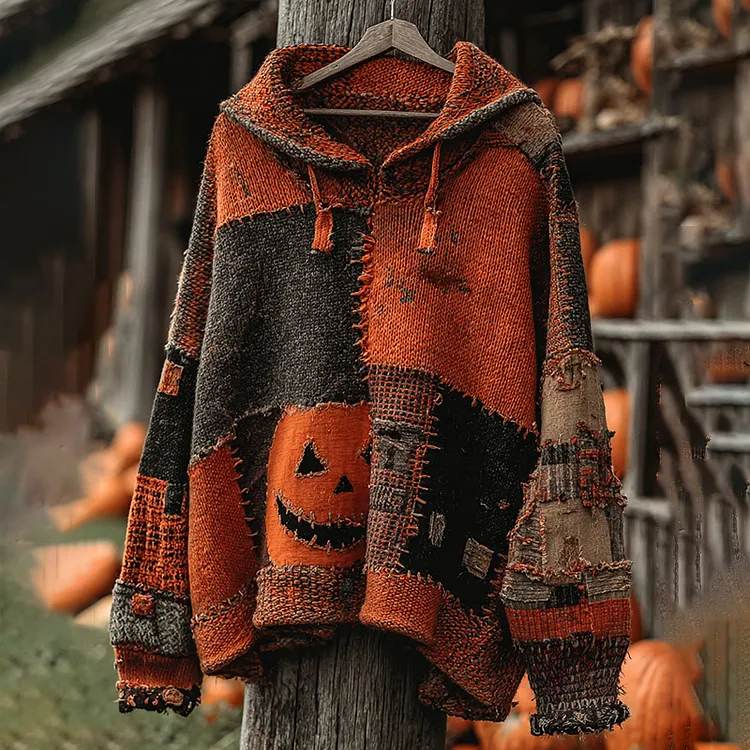 Vintage Patchwork Halloween Pumpkin Face Art Cozy Knit Hooded Sweater