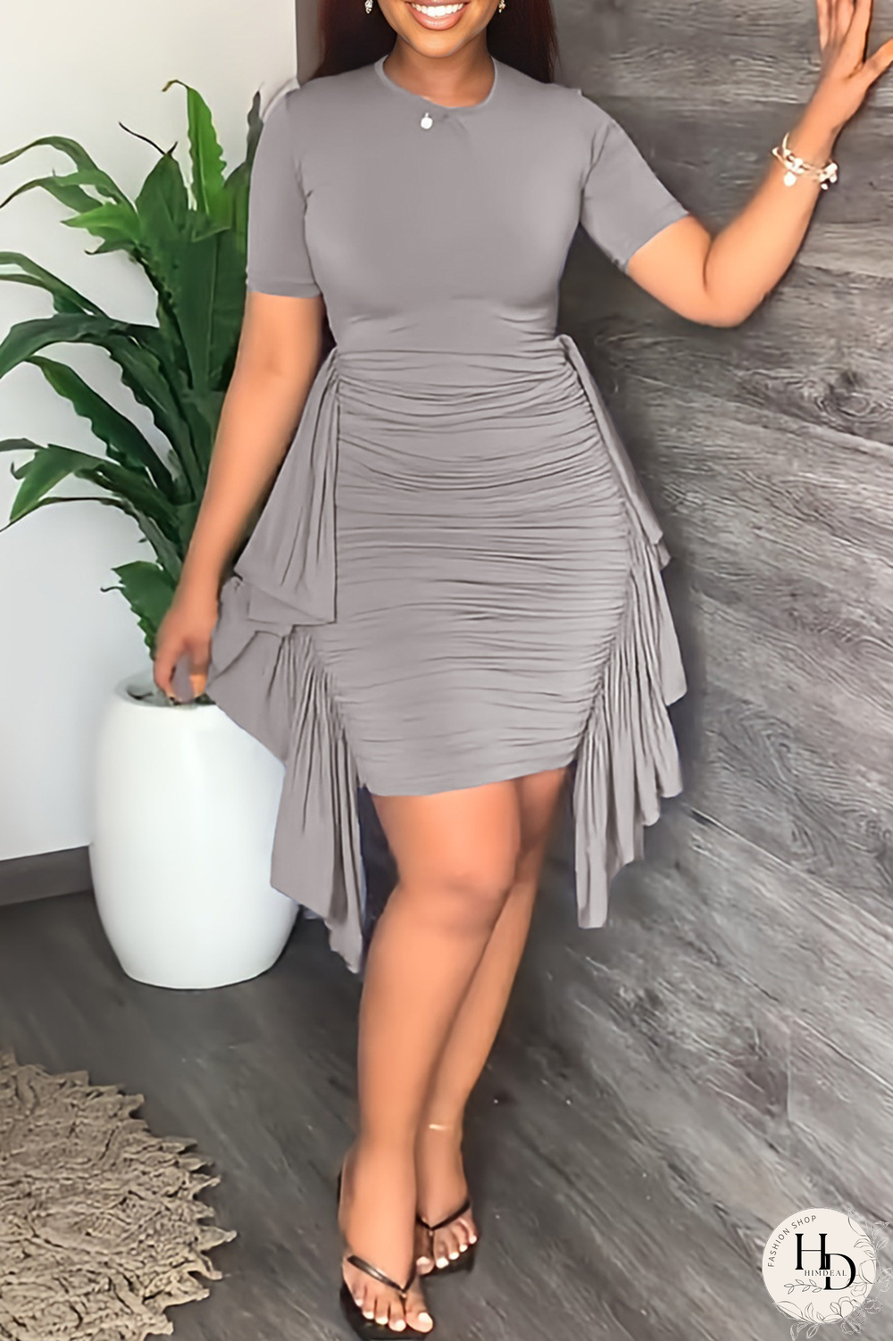 Sky Blue Fashion Solid Flounce Fold O Neck Pencil Skirt Dresses