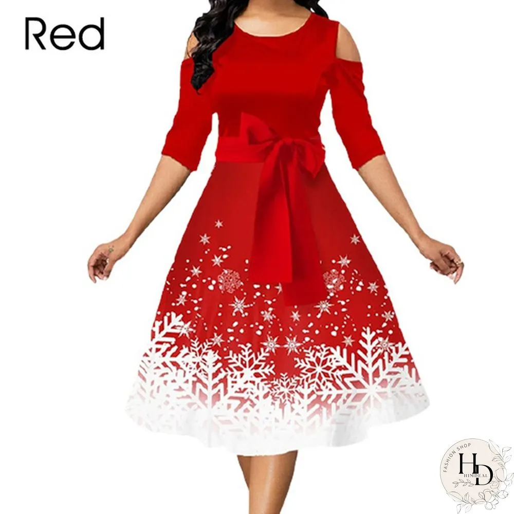 New Arrival Women Belted Snowflake Print Cold Shoulder Round Neck Elegant Dress Plus Size Fashion Christmas Party Dress S-5Xl