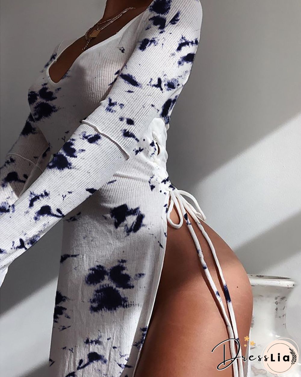 Tie Dye Print Side Slit Lace-up Ribbed Long Sleeve Dress