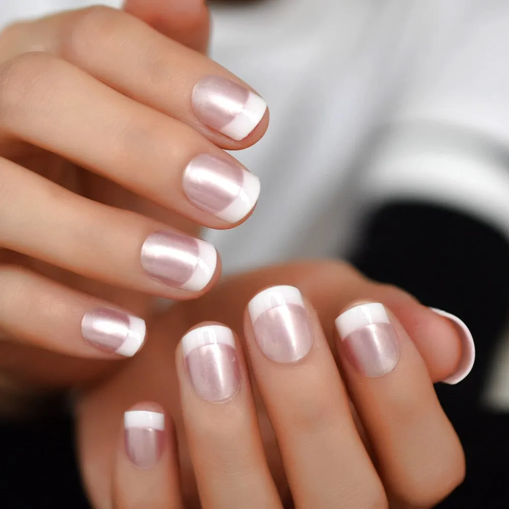 Nude Pink False Stick On Nails Natural French Miancure Short Lady's Nails Tips Acrylic Gel Fake Nail Set 24pcs-Nail Inspo