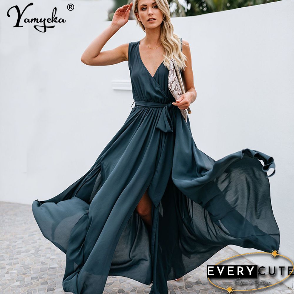SexyWomen Strap Maxi Dress V Neck Backless Chiffon BandageBeach Party DressElegant SummerBohoLongDressVestidos New