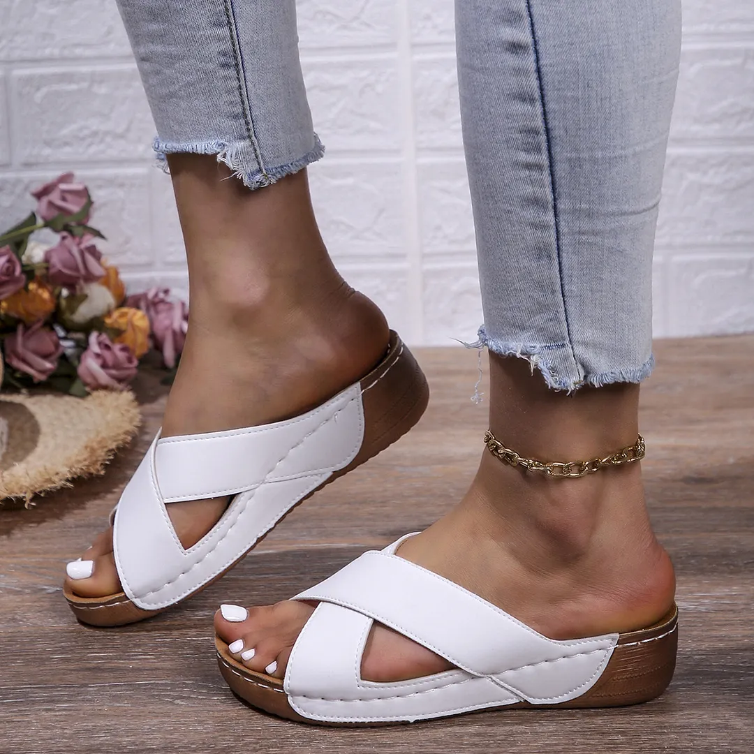 Yyvonne And Thick Bottom Slippers Women Large Size Round Head Leisure One Foot Pedal Solid Cross With Slope And Cool Slippers