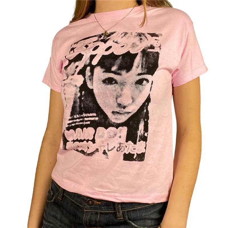 Xingqing Y2K Summer Short Sleeve T-shirt Girls Creative Figure Printing Round Collar Tops Slim Base Shirt Harajuku Tee Top