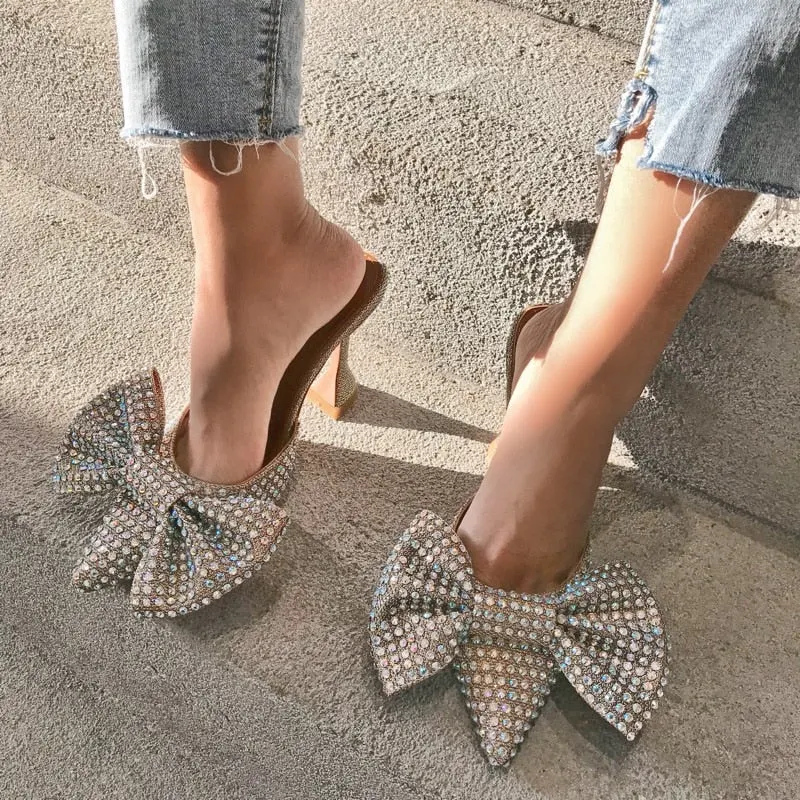 European and American large bow shallow mouth diamond rhinestone wine glass with high heel women's slippers