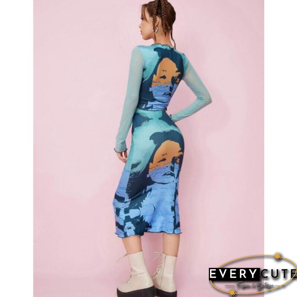 Y2k Women Portrait Print Bodycon Midi Skirt Elegant Office Lady High Waist Ruffles Trim Pencil Skirts Goth Streetwear