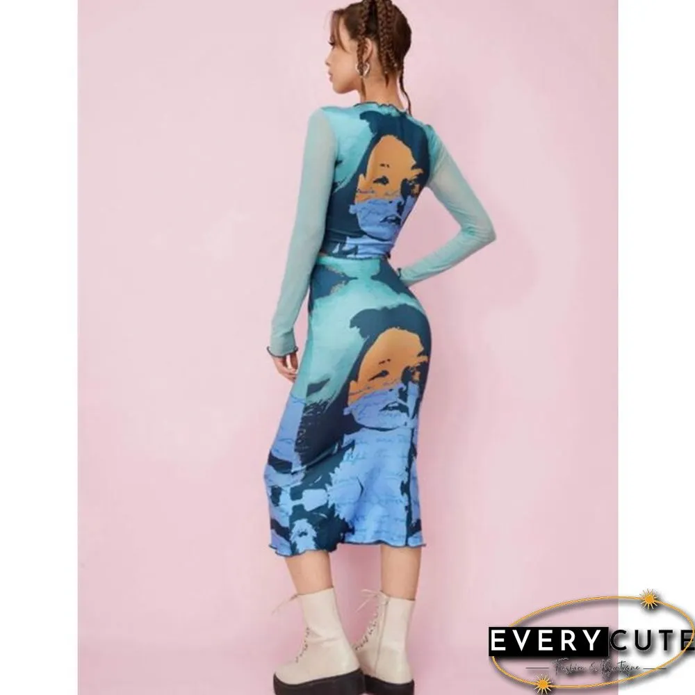 Y2k Women Portrait Print Bodycon Midi Skirt Elegant Office Lady High Waist Ruffles Trim Pencil Skirts Goth Streetwear