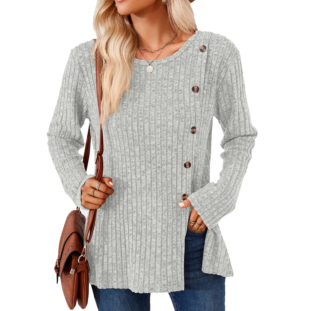 Churchf Churchf New Round Collar Solid Color Splicing Button Long Sleeve Loose T Shirt Women