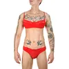 Men's Lace Bikini 2pcs Silky Bra and Underwear Briefs Set Swimsuit Sexy Crop Tops Sissy Panties