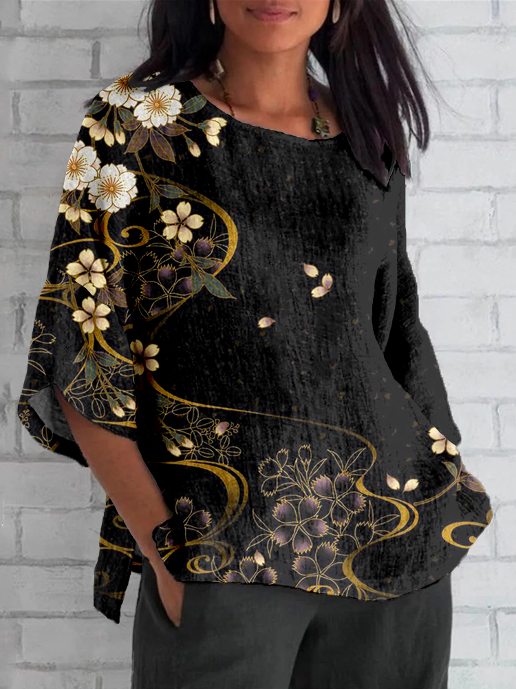 Japanese Cherry Blossoms Linen Blend Cozy Tunic artswardrobe