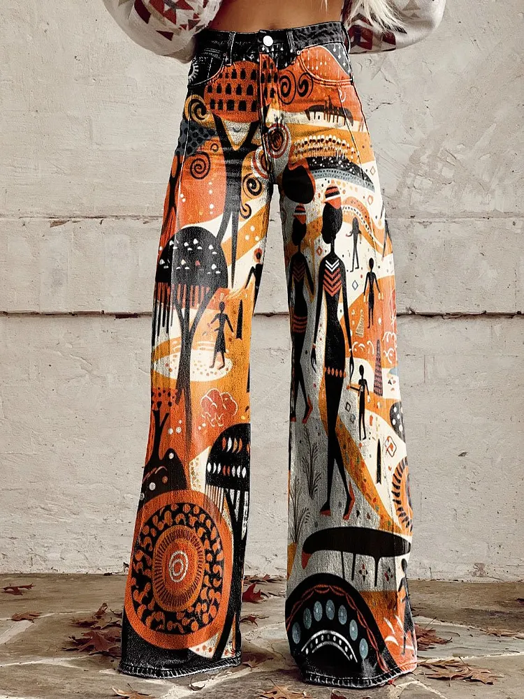 Women's Vintage Ethnic Traditional Art Print Casual Wide Leg Pants
