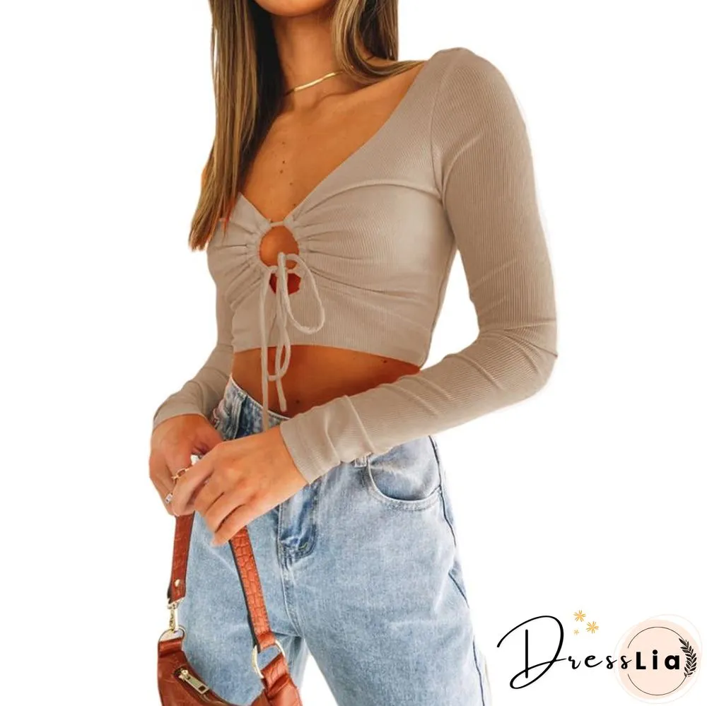 Women Solid Color Pullover Deep V-neck Long Sleeve Backless Crop Tops S M L XL