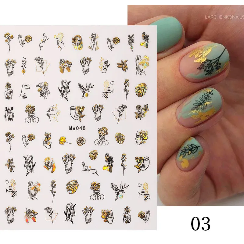 1 Pc 3D Nail Stickers Leaves Sliders for Nails Gold White Bronzing Flowers Gradient Adhesive Sticker Nail Design Art Decorations-Nail Inspo