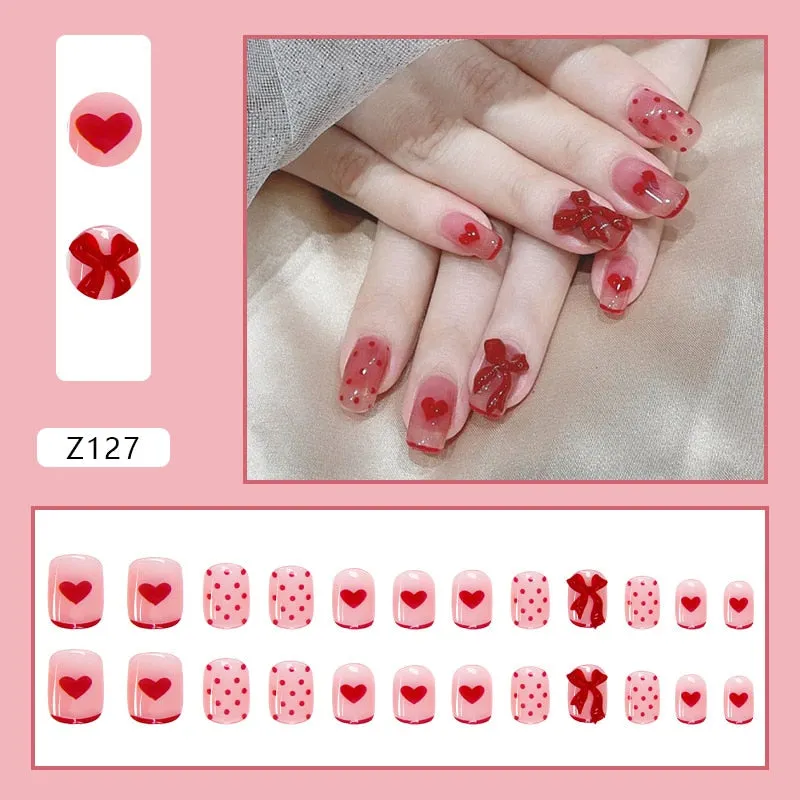 24pcs/box Fake Nails With Glue Yellow Flower Printed Type Short Paragraph Fashion Manicure Press On False Nails Gifts For Girls-Nail Inspo