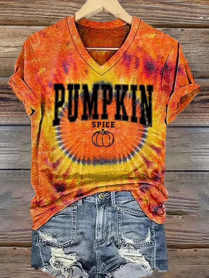 Women's Autumn Tie Dye Pumpkin Print Casual T-Shirt 