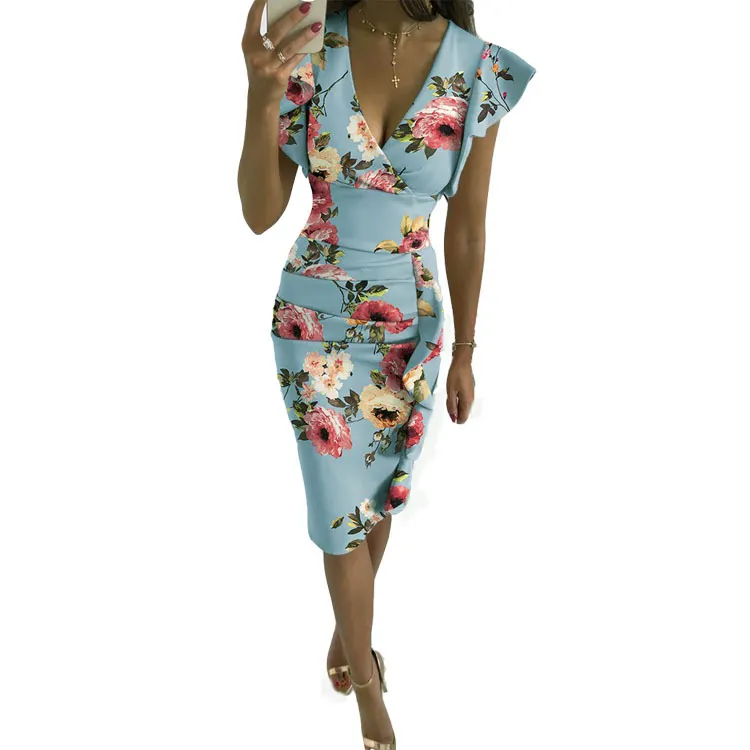 Uveng Uveng New Multi-Color Printing Dress V Collar Lotus Edges Sexy High-Waisted Dress