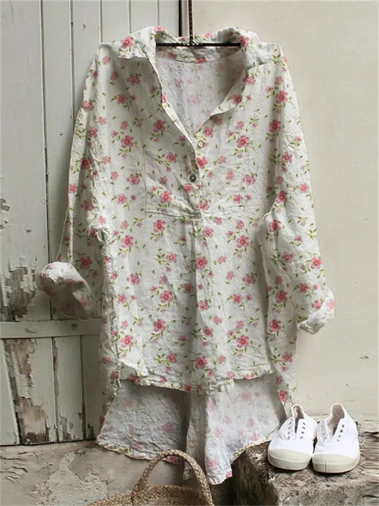 Cottage Floral Oversize Button Up High Low Tunic