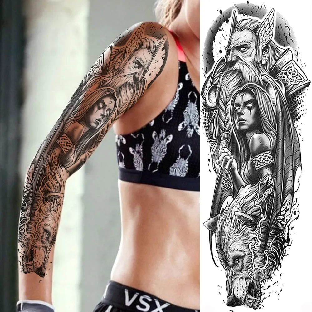 Black Military Maori Totem Temporary Sleeve Tattoos For Men Realistic Fake Full Arm3D Dragon Skull Wolf Lion Robot Tatoos Paste