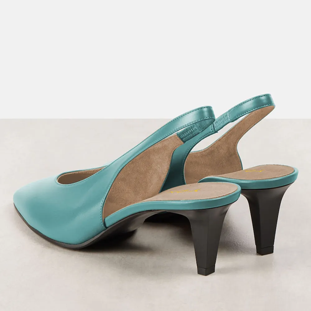Women's Blue Vegan Leather Pointed Toe Simple Slingback Heels
