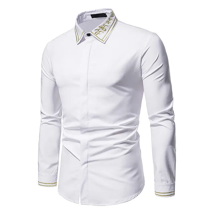 Men's Shirts Autumn Men's Color Matching Fashionable Embroidered Long-Sleeved Shirt