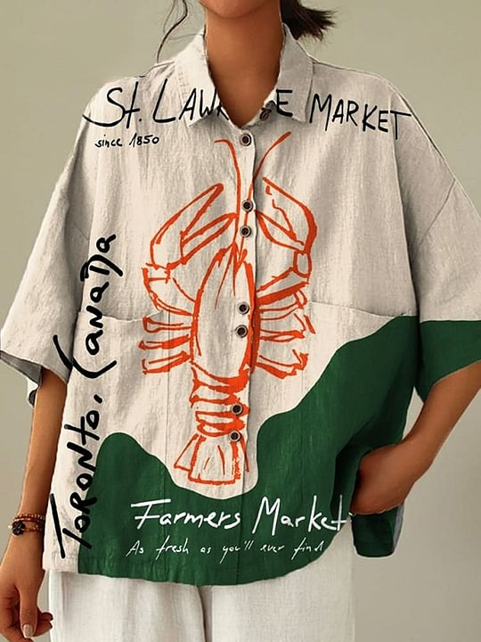 Women's Vintage Lobster Art Print Casual Cotton Linen Shirt