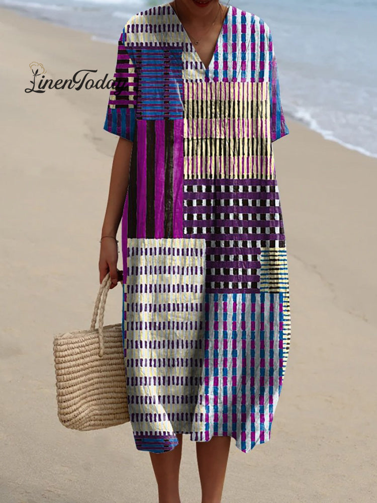 Japanese Style Geometric Pattern Printed Women&rsquo;s Flowy Dress Multicolor / S
