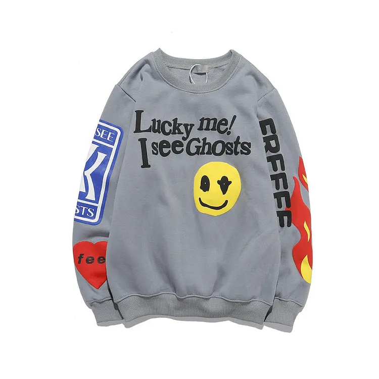 Lucky Me I See Ghost College Varsity Jacket Smiley Face Puff Print Round Neck