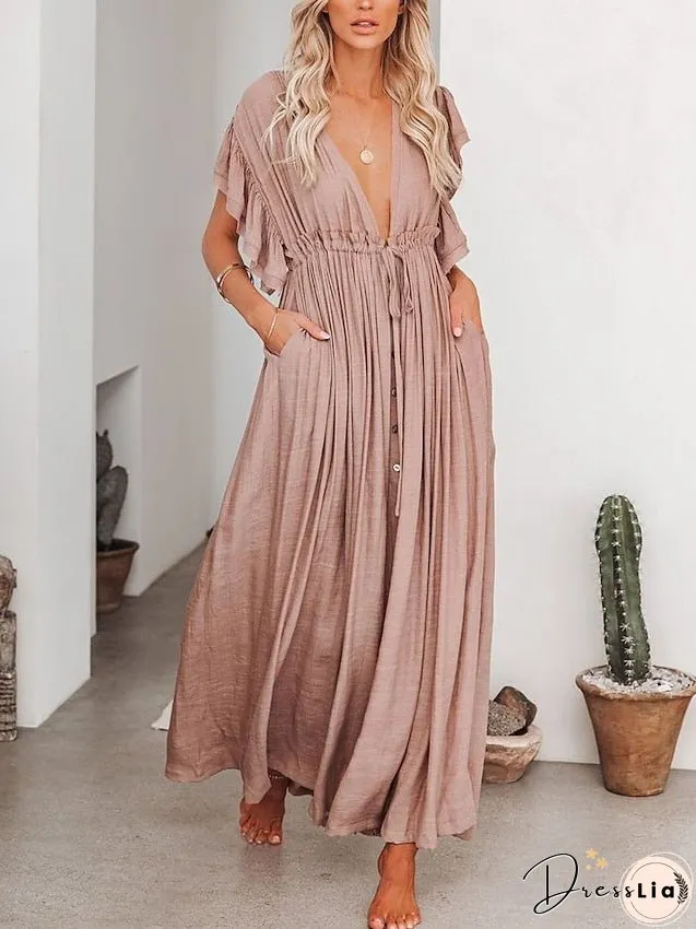 Swing Dress Maxi long Dress Green Orange Rust Red White Black Backless Short Sleeve Solid Color Summer Spring V Neck Boho Beach Loose One-Size for Women