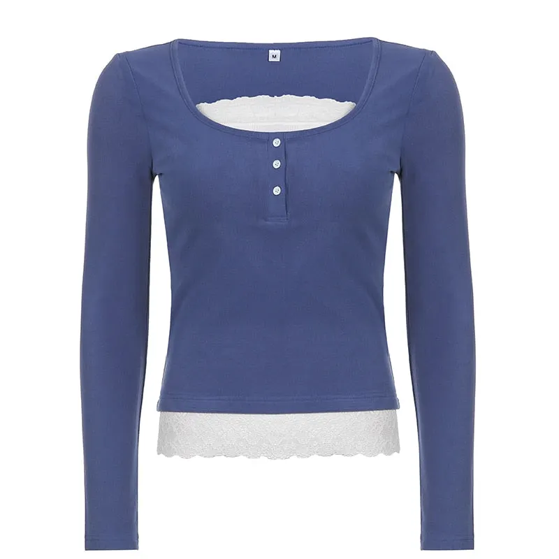 Rapcopter Y2K Sweet Cute Crop Top Lace Frill Bow Pullovers Vintage Square Collar T Shirt Women Skin Button Prepply Korean Tees