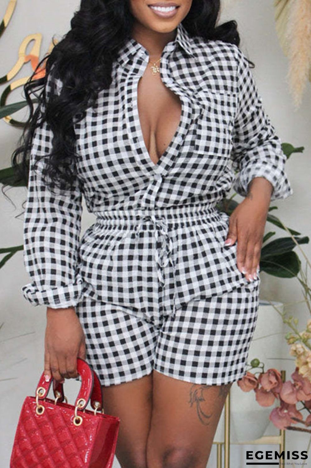 Black Fashion Casual Plaid Print Patchwork Turndown Collar Long Sleeve Two Pieces | EGEMISS
