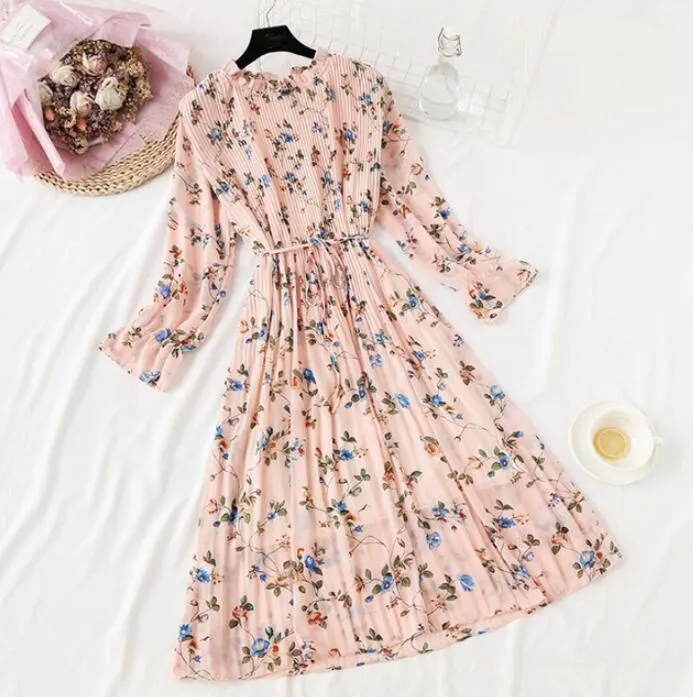 Polka Dot Print Women Chiffon Pleated Dress Sweet Flare Sleeve Party Dresses Casual Loose Lady Office Midi Dress Vestidos Mujer