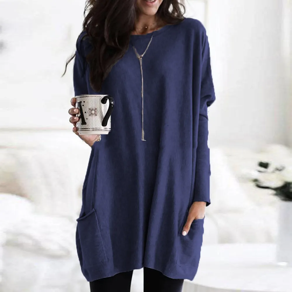 Brownm Autumn Pullover Casual Round Neck Long Sleeve Pocket T-shirt Top