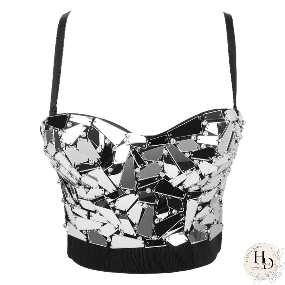 Women Holographic Rainbow Sequins Bustier Bra Spaghetti Strap Corset Camisole Reflective Bralette Crop Top Women Corset Clubwear