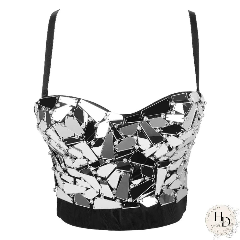 Women Holographic Rainbow Sequins Bustier Bra Spaghetti Strap Corset Camisole Reflective Bralette Crop Top Women Corset Clubwear