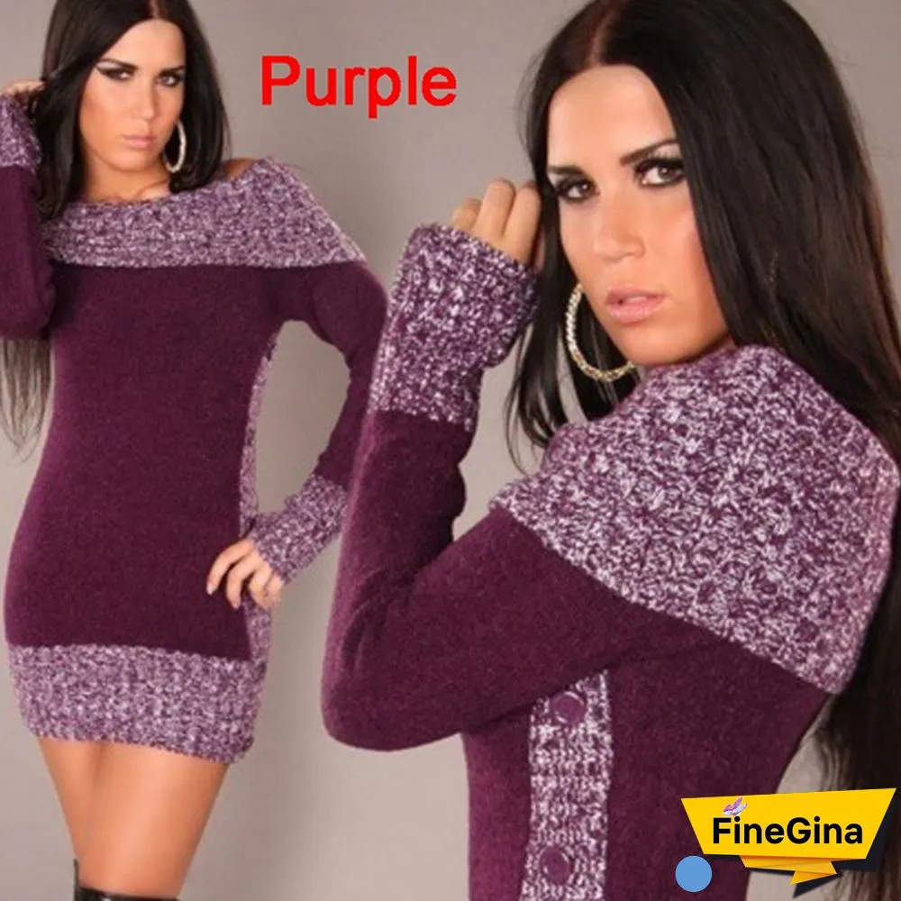 Women's Fashion Autumn Winter Casual Long Mini Dress Knitted Wear Knitted Sweater Dress