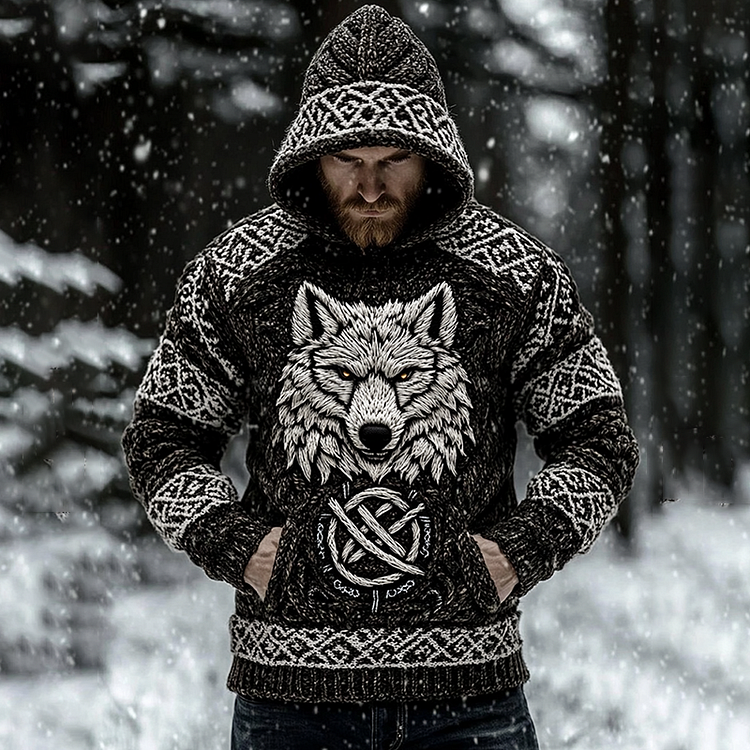 Men's Viking Inspired Wolf Art Knit Pocket Hooded Sweater